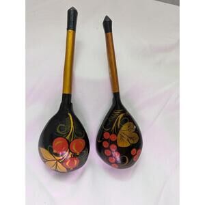 Vintage Khokhloma Russian Wooden Lacquer Hand Painted Spoons